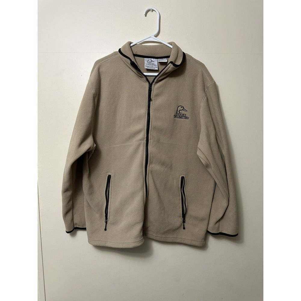 Ducks Unlimited Full Zip Fleece Jacket Tan And Black Trim Men’s Size XL EUC